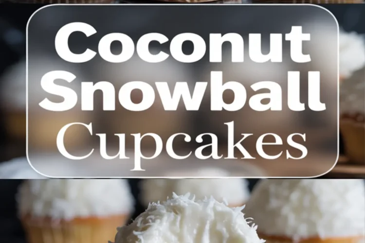 Collage image with coconut snowball cupcakes in focus, topped with whipped frosting and shredded coconut, and a close-up of a bitten cupcake showing the soft texture.