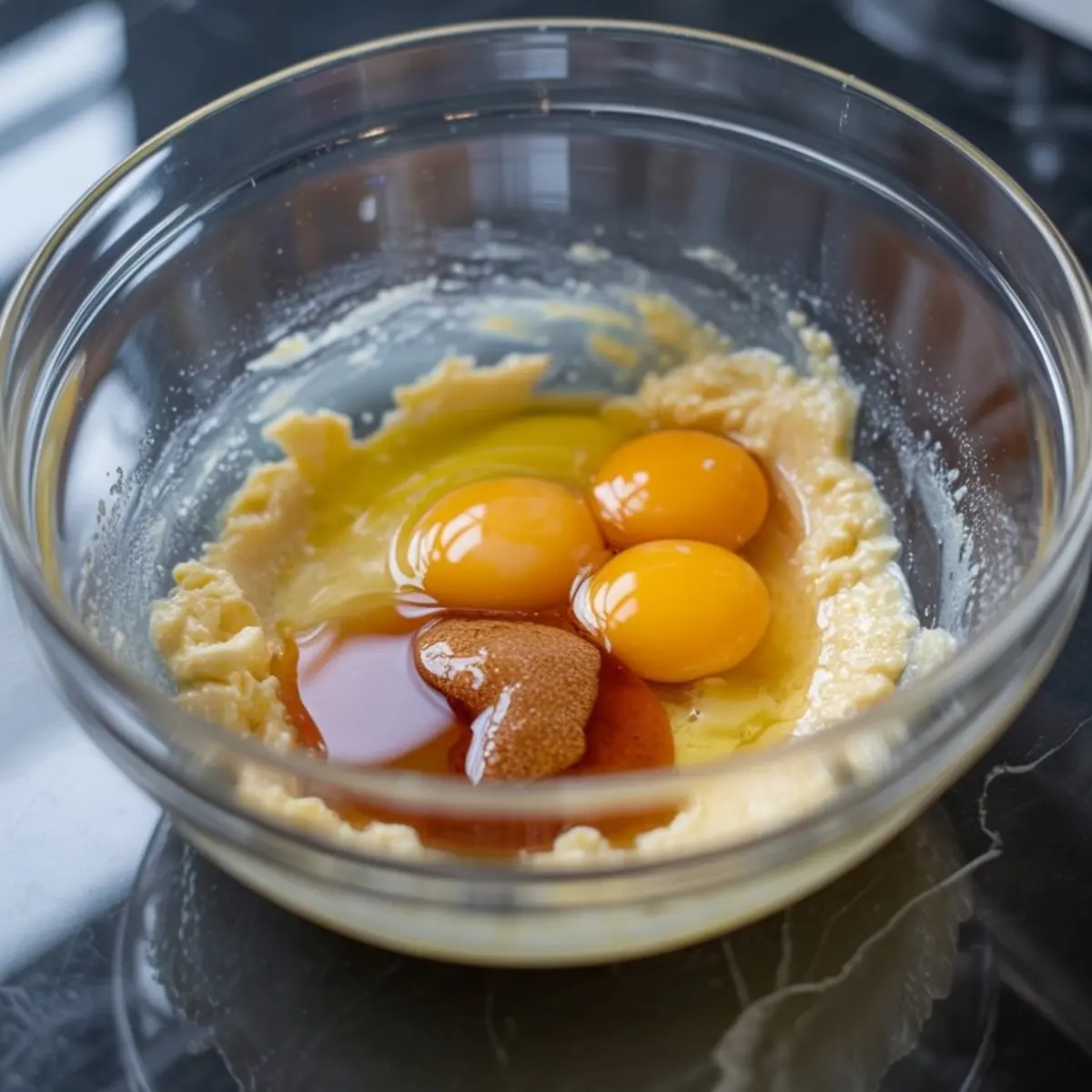 Glass mixing bowl containing creamed butter, three raw eggs, brown sugar, and vanilla extract on a black countertop.