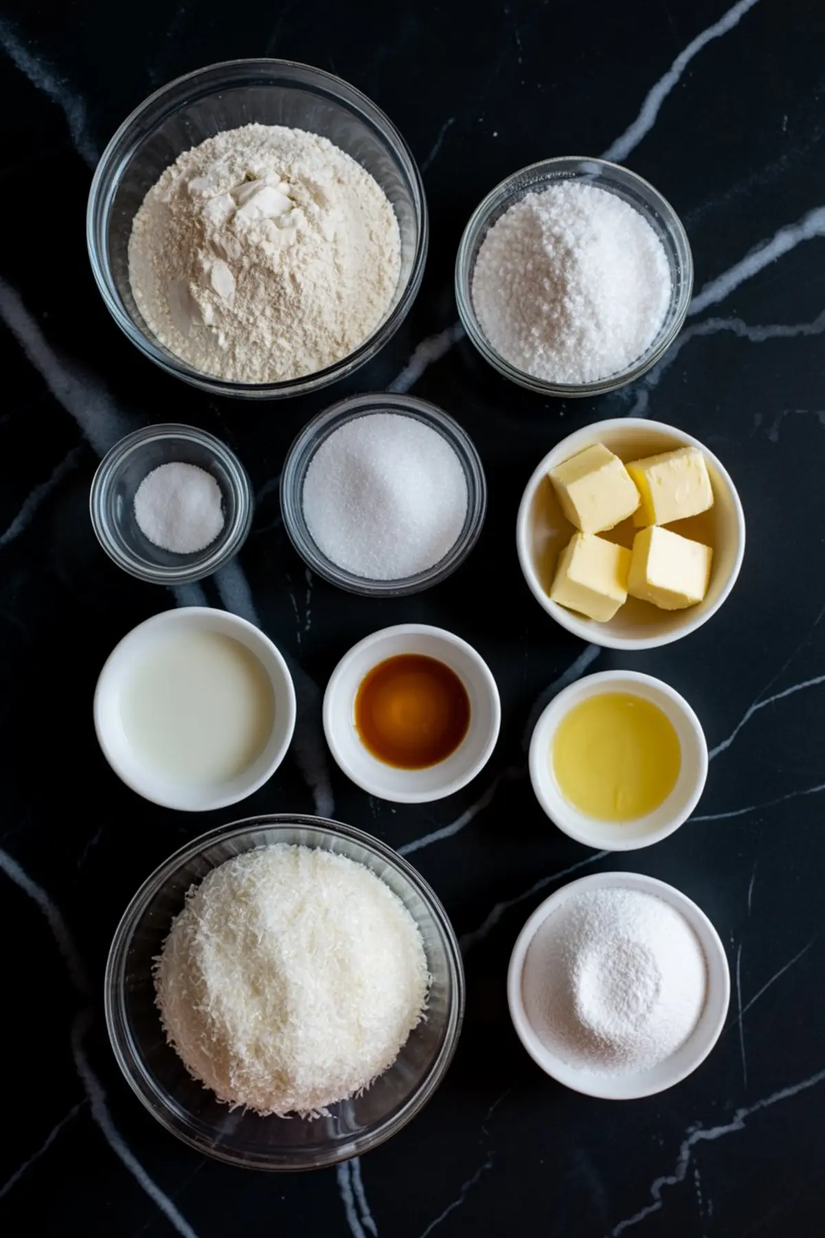 Flat lay of baking ingredients including flour, sugar, salt, milk, butter cubes, shredded coconut, oil, and vanilla extract in glass and ceramic bowls on a dark marble surface.