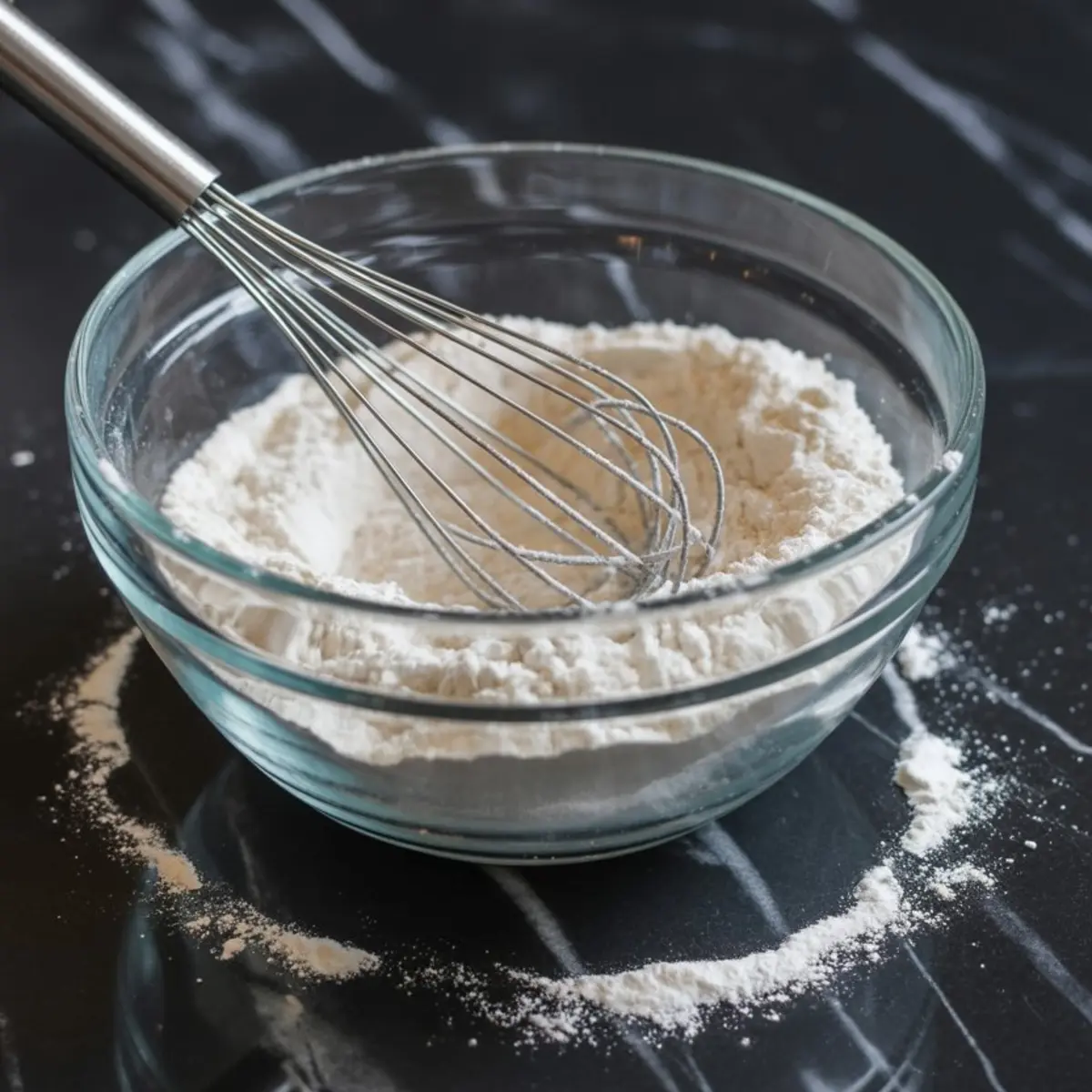 Whisk inside a glass bowl filled with flour on a dark countertop, with flour lightly scattered around the bowl.