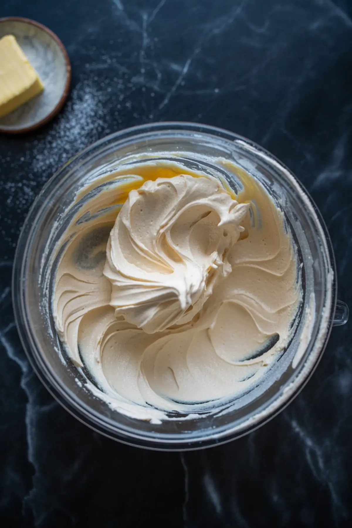 Creamy, whipped cake batter with smooth peaks in a glass mixing bowl, placed on a dark surface with a butter block in the background.
