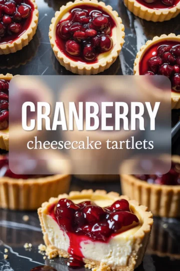 Cranberry cheesecake tartlets with creamy centers and glossy cranberry topping, including a close-up of one tartlet with a bite taken out, text overlay reads “Cranberry cheesecake tartlets.”