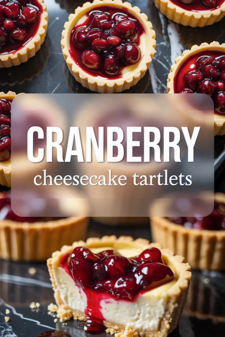 Cranberry cheesecake tartlets with creamy centers and glossy cranberry topping, including a close-up of one tartlet with a bite taken out, text overlay reads “Cranberry cheesecake tartlets.”