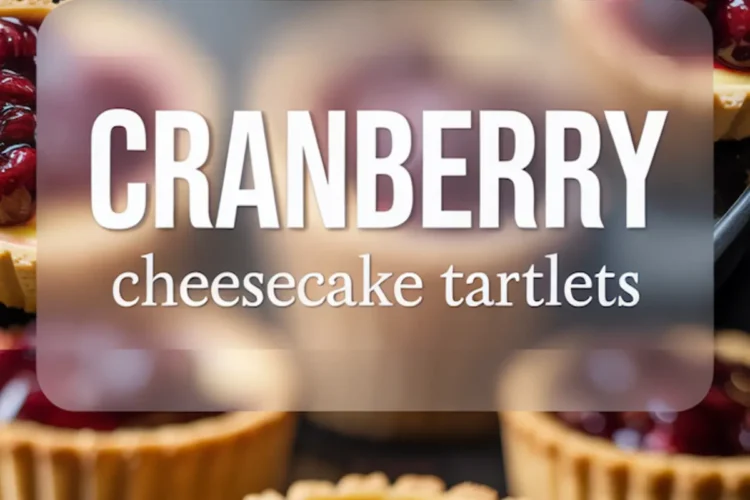 Cranberry cheesecake tartlets with creamy centers and glossy cranberry topping, including a close-up of one tartlet with a bite taken out, text overlay reads “Cranberry cheesecake tartlets.”