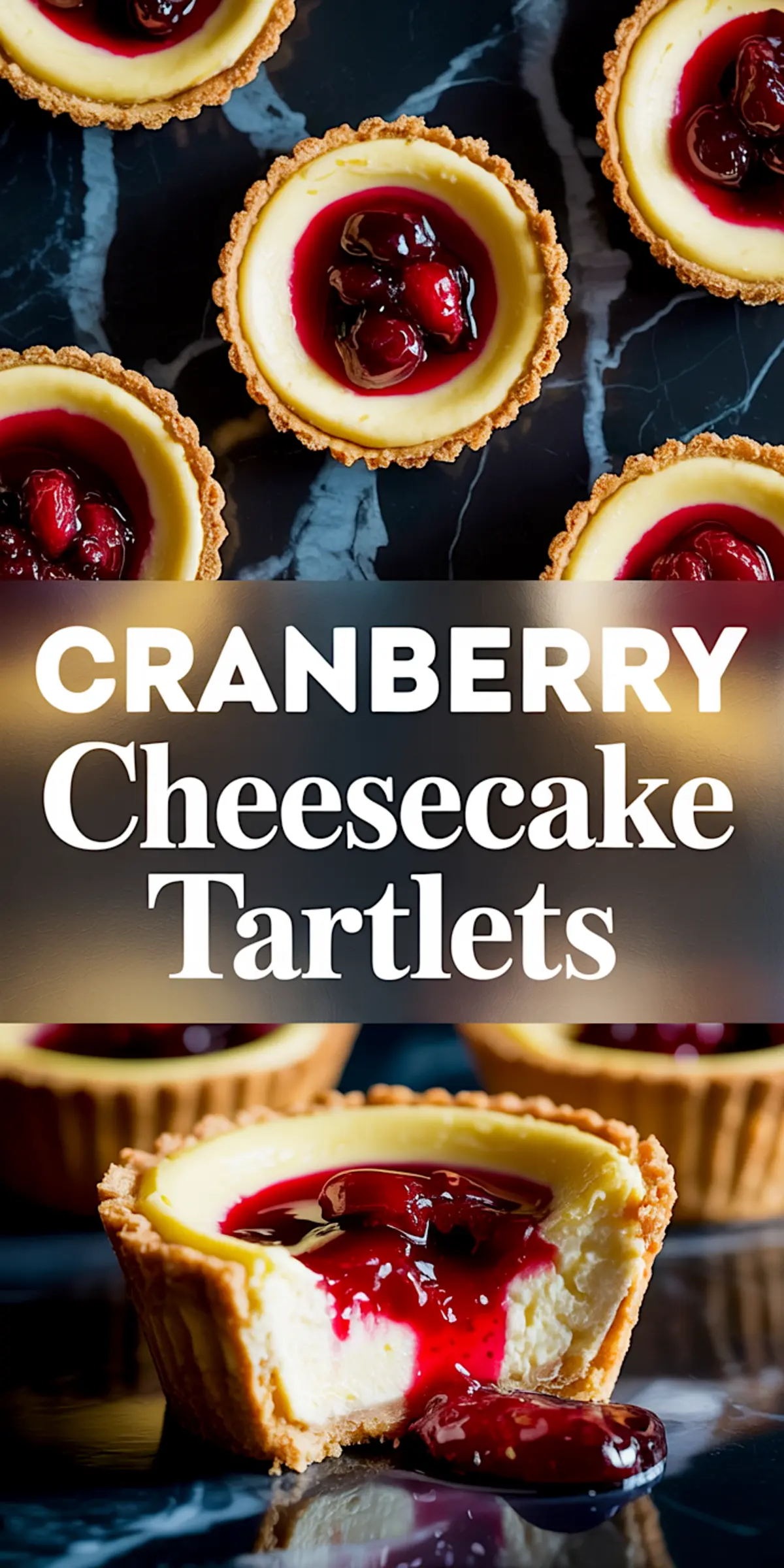 1:2 vertical collage showing cranberry cheesecake tartlets from above and a cut tartlet oozing cranberry sauce, with bold text overlay “CRANBERRY Cheesecake Tartlets.”
