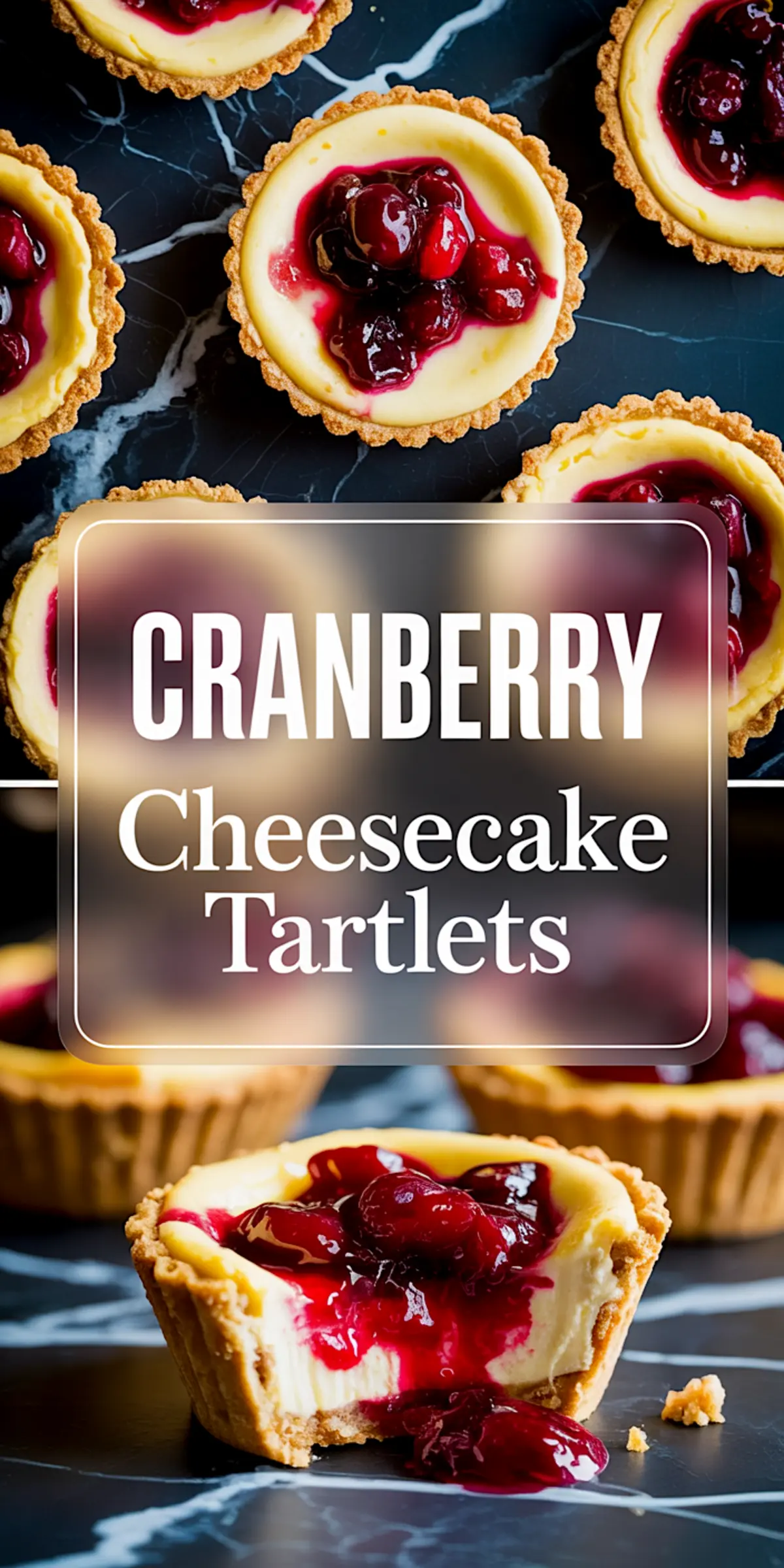 1:2 vertical collage featuring overhead and front views of cranberry cheesecake tartlets on black marble, with bold title text overlay “CRANBERRY Cheesecake Tartlets.”
