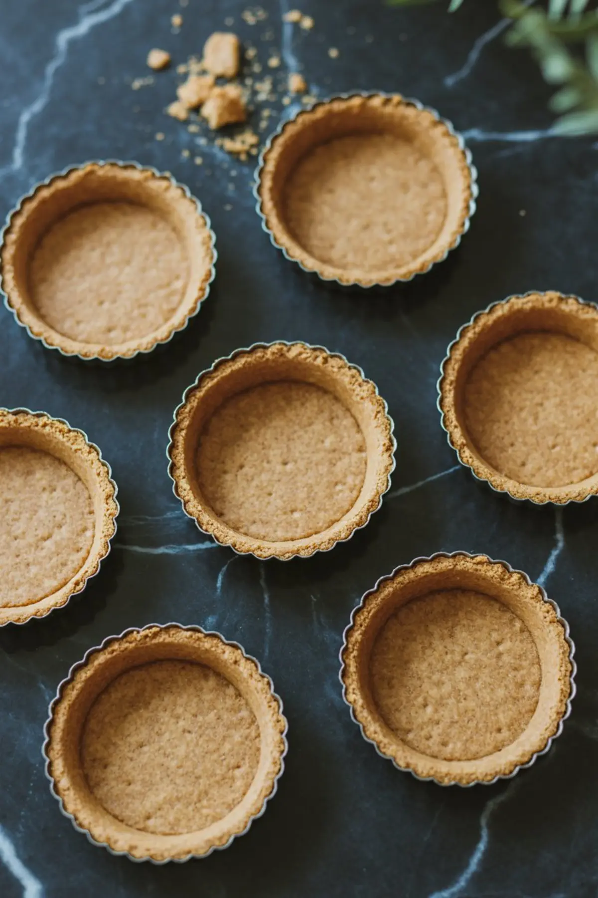 Round tart crusts arranged on a black marble surface, each with scalloped edges and a golden-brown graham cracker texture.
