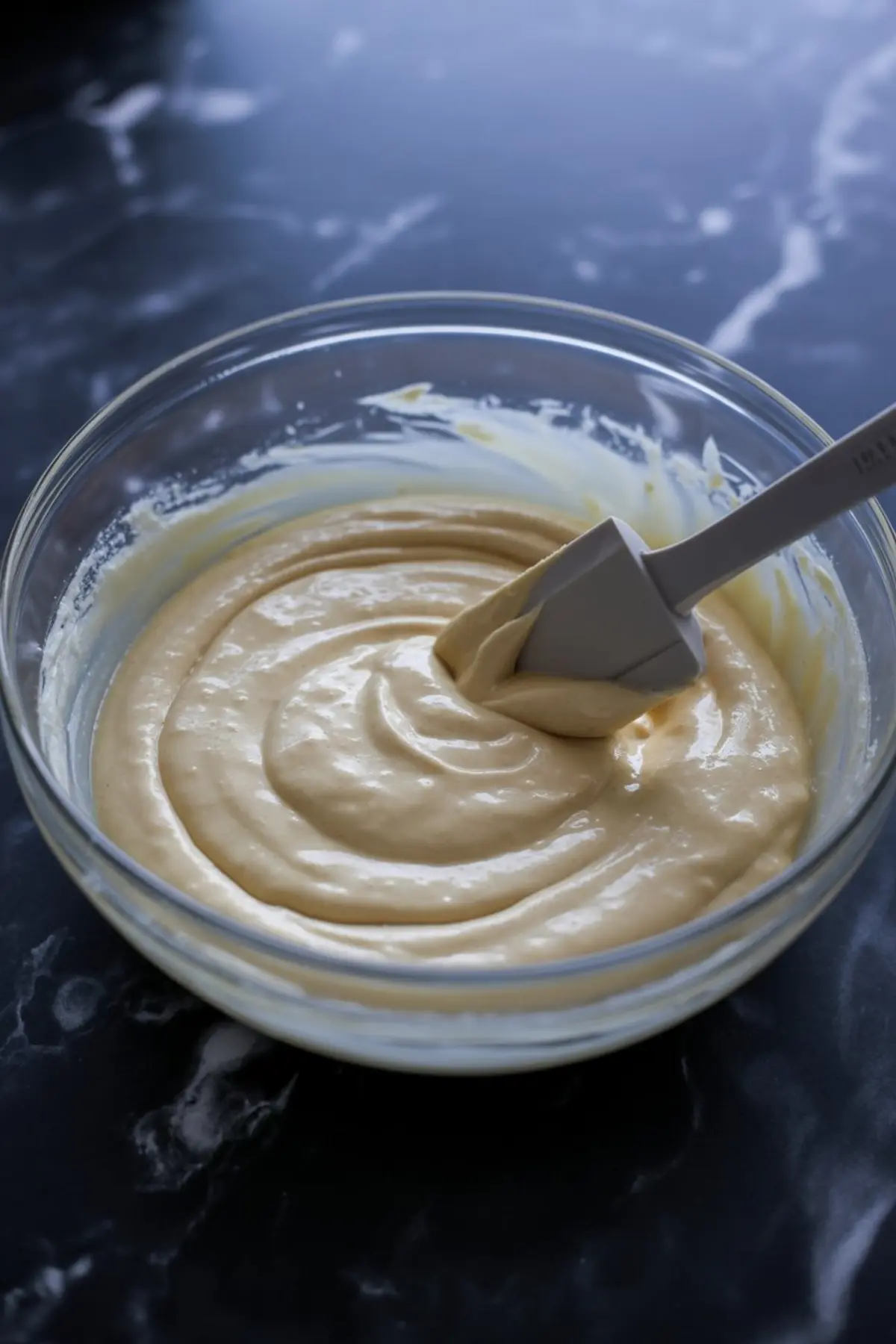 Smooth cheesecake batter in a glass mixing bowl with a silicone spatula, swirled into creamy peaks on a dark counter.
