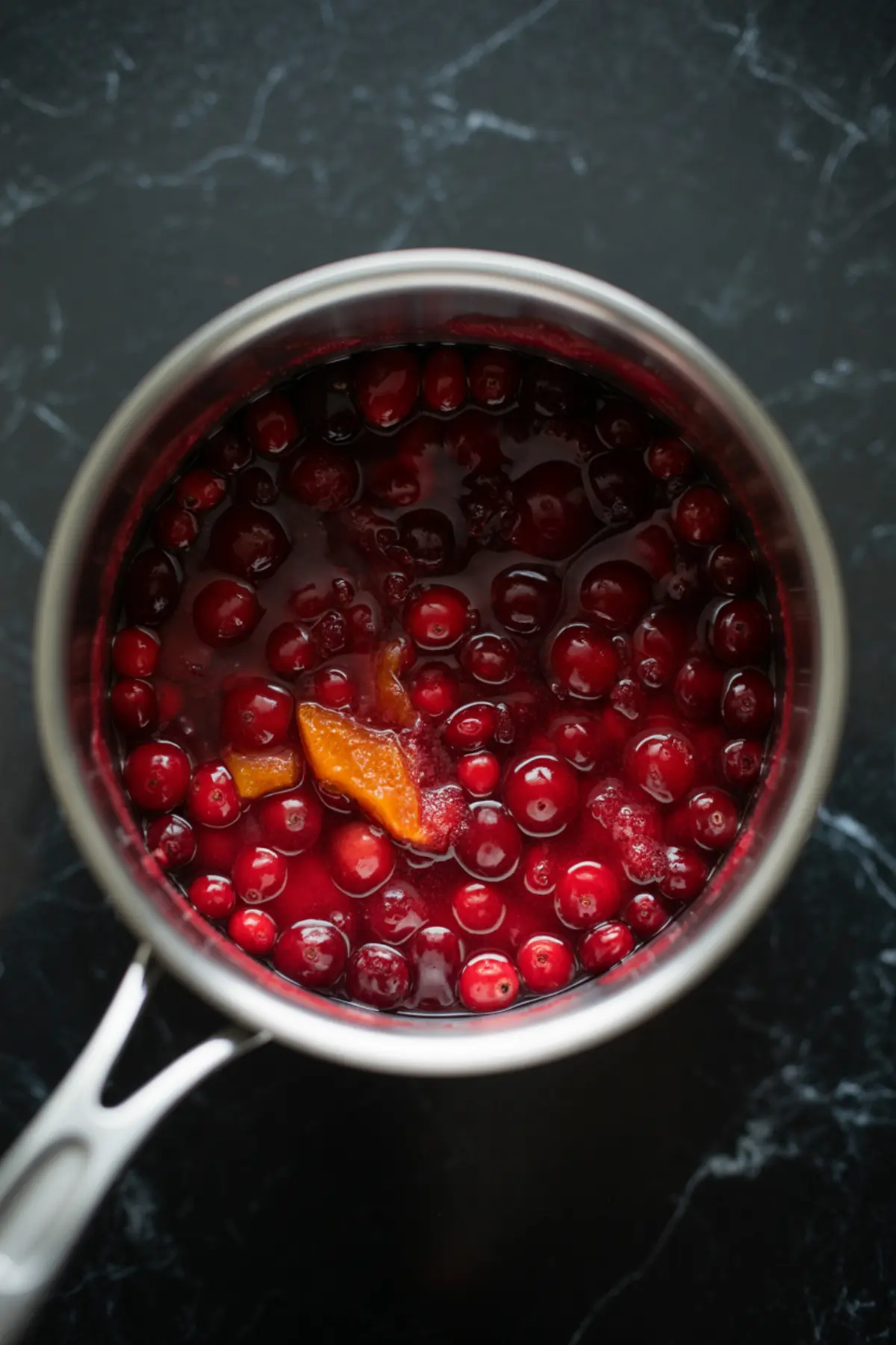 Cranberry sauce simmering in a stainless steel saucepan with whole cranberries and orange zest visible in a glossy red syrup.
