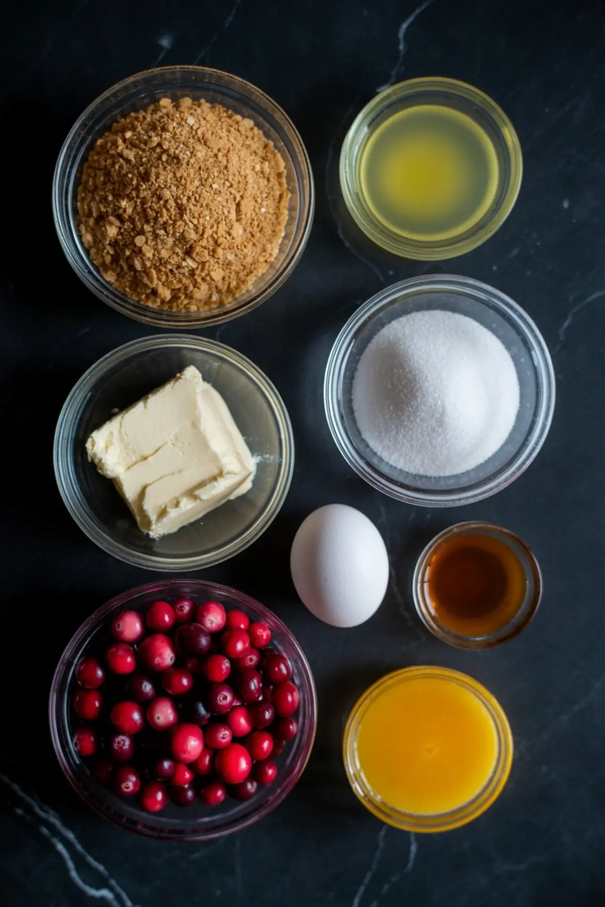 Flat lay of cranberry cheesecake tartlet ingredients including graham cracker crumbs, melted butter, sugar, cranberries, vanilla, egg, and juice in glass bowls on a black background.
