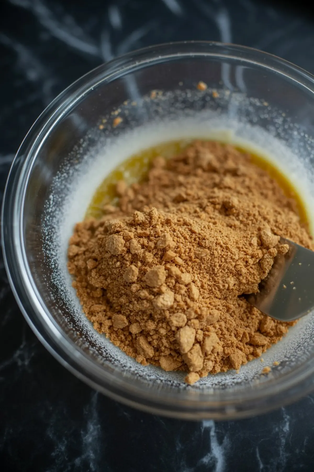 Crushed graham crackers being stirred into melted butter and sugar in a clear glass bowl to form a tart crust mixture.
