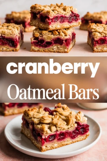 Pinterest collage showing stacked cranberry oatmeal bars and a serving on a plate, with bold text reading “cranberry oatmeal bars”.