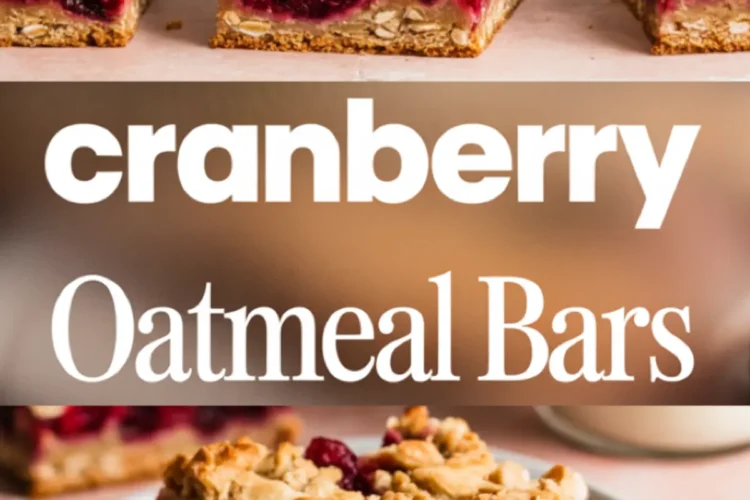 Pinterest collage showing stacked cranberry oatmeal bars and a serving on a plate, with bold text reading “cranberry oatmeal bars”.