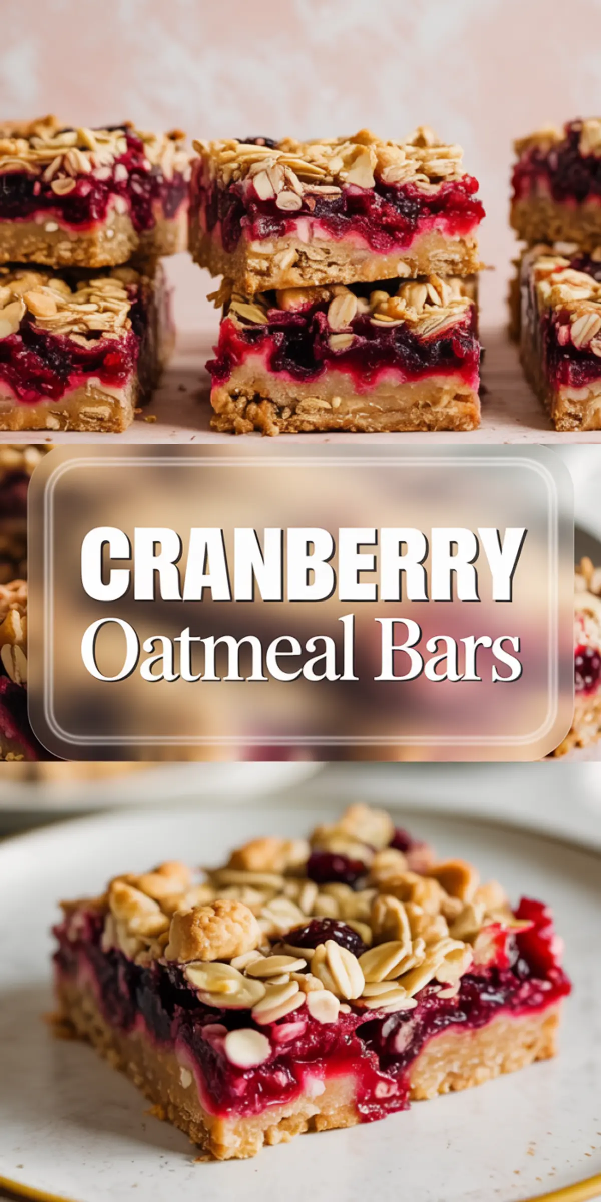 Stack of cranberry oatmeal bars showing golden oat crust and vibrant red cranberry filling, labeled “Cranberry Oatmeal Bars”.