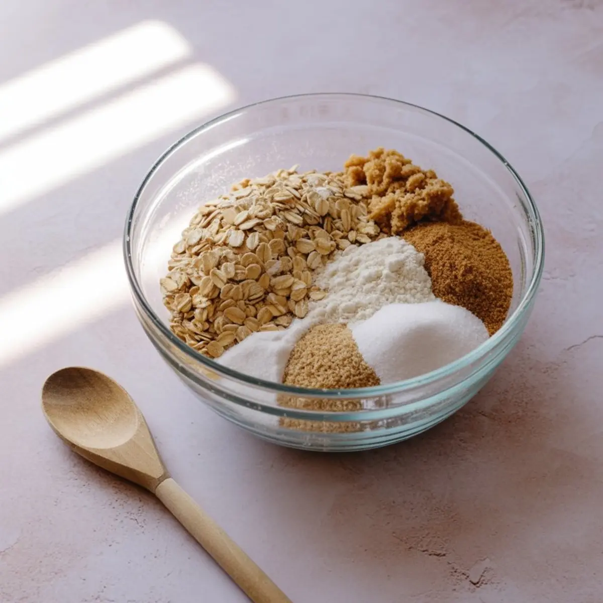 Glass bowl filled with rolled oats, brown sugar, white sugar, flour, and baking ingredients on a pink surface beside a wooden spoon.