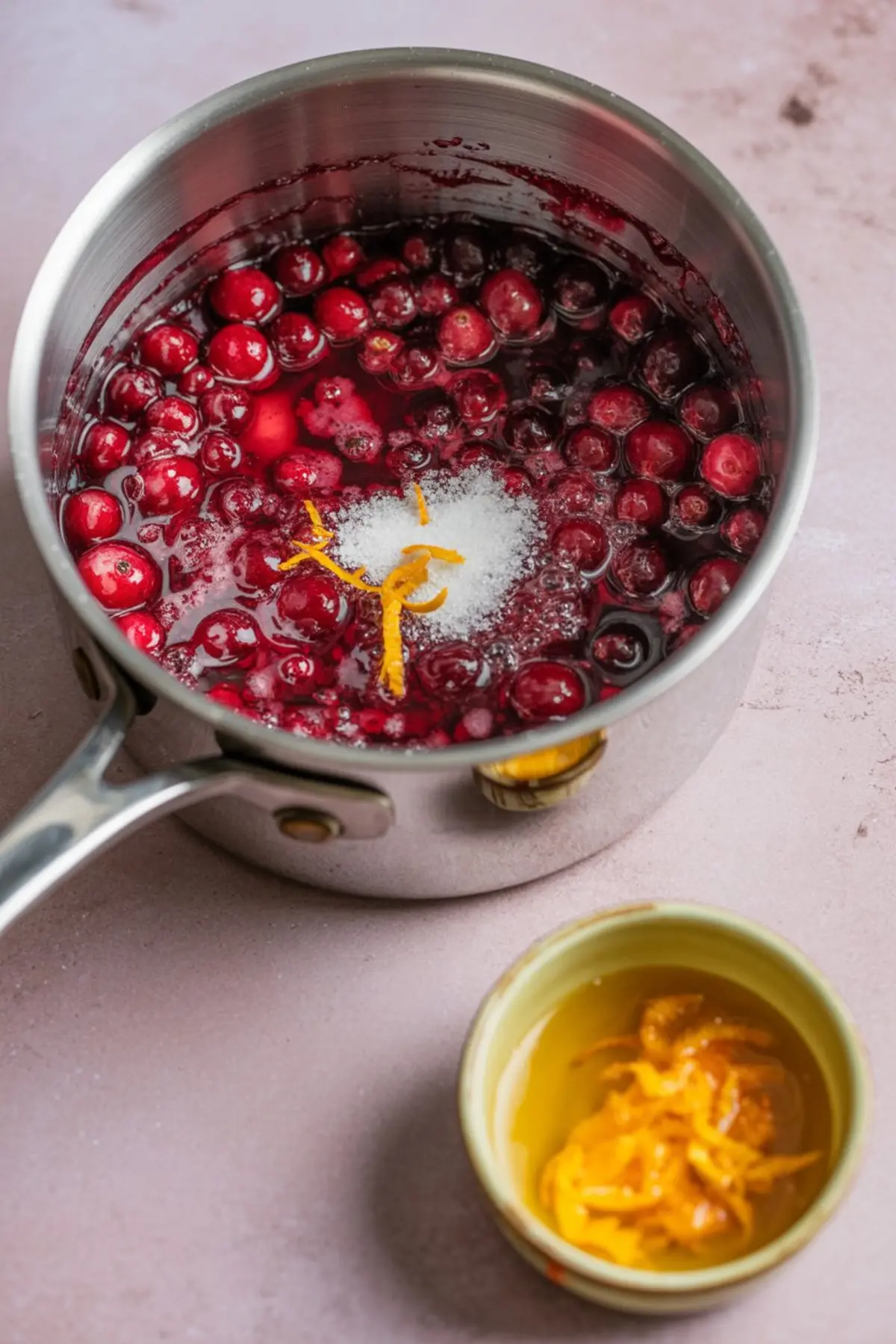 Saucepan filled with cranberries, sugar, and orange zest cooking into a cranberry sauce with a small bowl of orange zest nearby.