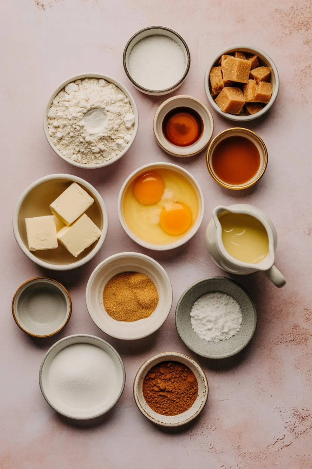 Top view of eggnog latte cookie ingredients arranged on a pink background, featuring flour, butter, eggs, sugar, brown sugar, vanilla extract, condensed milk, ground spices, and baking powder in ceramic and glass bowls for baking preparation.
