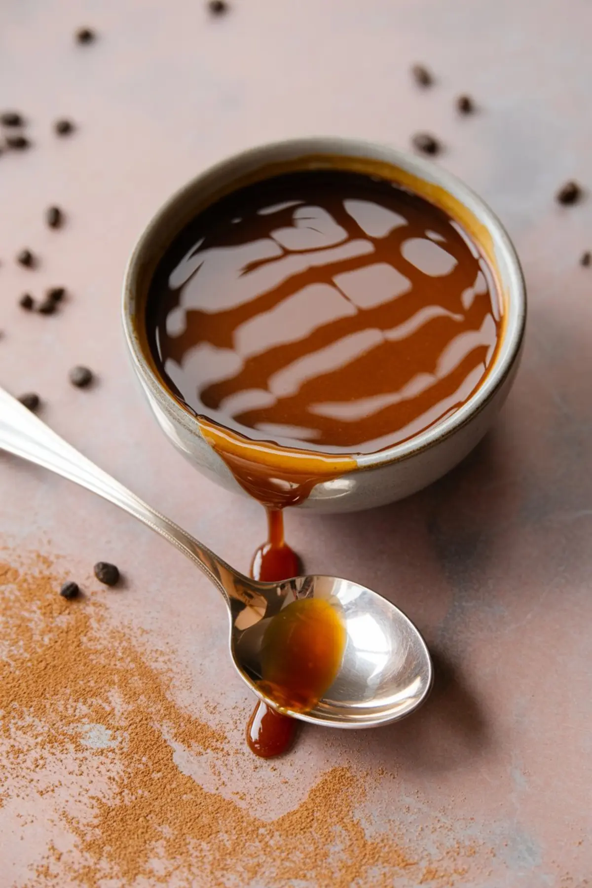 Rich homemade caramel sauce in a ceramic bowl, with a silver spoon drizzling sauce onto a pink surface sprinkled with cinnamon and coffee beans, highlighting cozy dessert topping or coffee drizzle.
