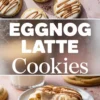 Eggnog latte cookie collage featuring iced cookies with cinnamon topping, bold central text overlay, and a close-up of a soft cookie broken in half on a plate, dripping with creamy glaze and sprinkled spice, ideal for holiday dessert boards.