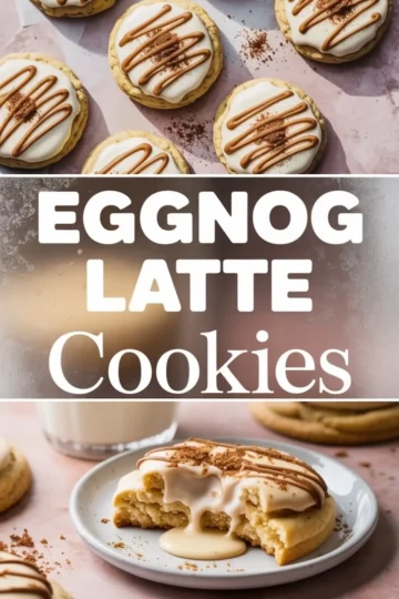 Eggnog latte cookie collage featuring iced cookies with cinnamon topping, bold central text overlay, and a close-up of a soft cookie broken in half on a plate, dripping with creamy glaze and sprinkled spice, ideal for holiday dessert boards.