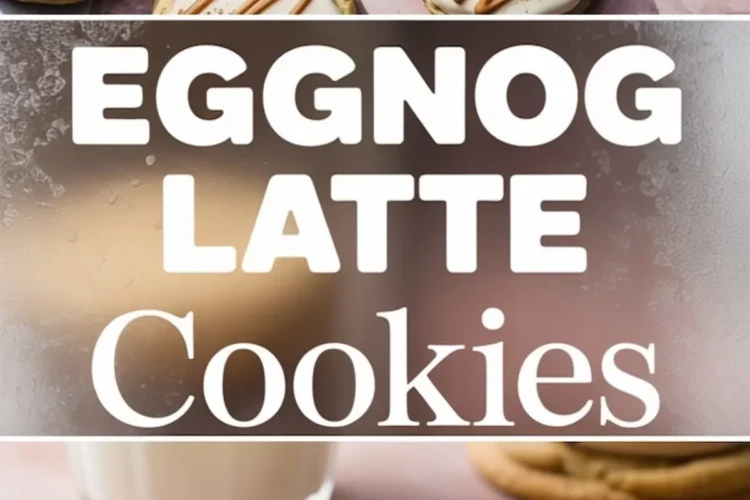 Eggnog latte cookie collage featuring iced cookies with cinnamon topping, bold central text overlay, and a close-up of a soft cookie broken in half on a plate, dripping with creamy glaze and sprinkled spice, ideal for holiday dessert boards.