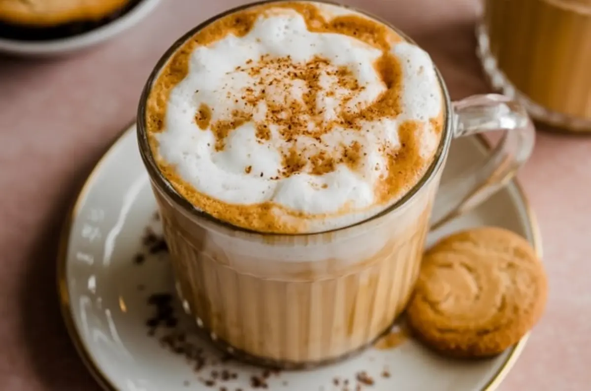 Glass mug of frothy eggnog latte topped with whipped foam and dusted cinnamon, served on a white saucer with a golden rim and a buttery biscuit on the side.
