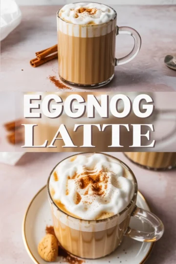 Vertical collage featuring two views of an eggnog latte in a glass mug, topped with whipped cream and cinnamon, styled with cinnamon sticks and a cookie, overlaid with bold “Eggnog Latte” text in the center.