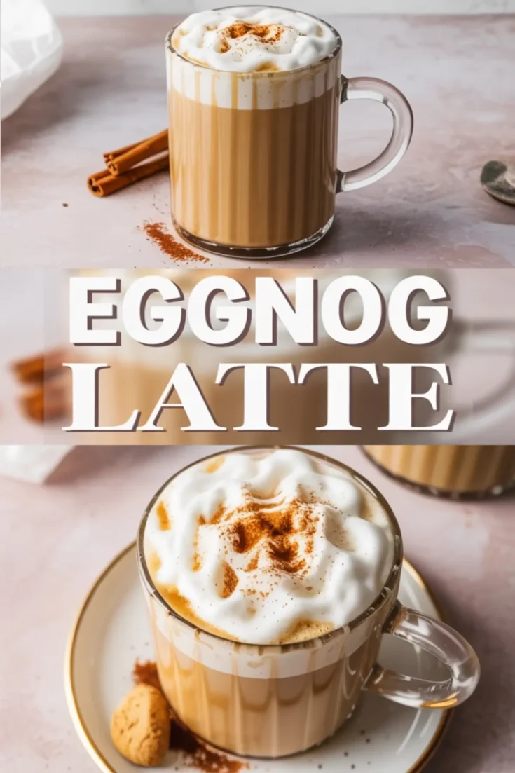 Vertical collage featuring two views of an eggnog latte in a glass mug, topped with whipped cream and cinnamon, styled with cinnamon sticks and a cookie, overlaid with bold “Eggnog Latte” text in the center.
