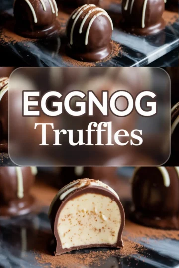 Eggnog truffle collage showing multiple chocolate-covered truffles on a glossy black surface, topped with white chocolate drizzle and spiced dusting, and a cut-in-half truffle displaying its creamy interior.