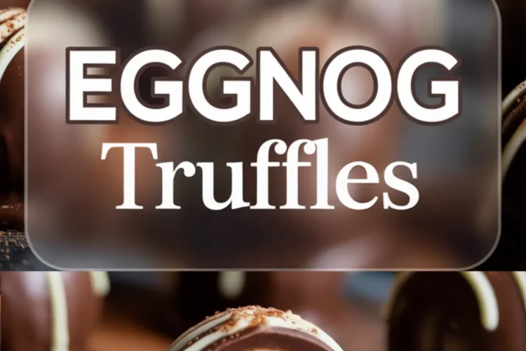 Eggnog truffle collage showing multiple chocolate-covered truffles on a glossy black surface, topped with white chocolate drizzle and spiced dusting, and a cut-in-half truffle displaying its creamy interior.