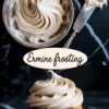 Collage image with two views: top shows a bowl and offset spatula with swirled ermine frosting; bottom displays a golden cupcake topped with a tall swirl of fluffy boiled milk buttercream, with “Ermine frosting” written in script between the images.