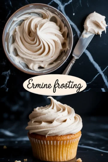 Collage image with two views: top shows a bowl and offset spatula with swirled ermine frosting; bottom displays a golden cupcake topped with a tall swirl of fluffy boiled milk buttercream, with “Ermine frosting” written in script between the images.