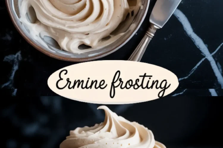 Collage image with two views: top shows a bowl and offset spatula with swirled ermine frosting; bottom displays a golden cupcake topped with a tall swirl of fluffy boiled milk buttercream, with “Ermine frosting” written in script between the images.