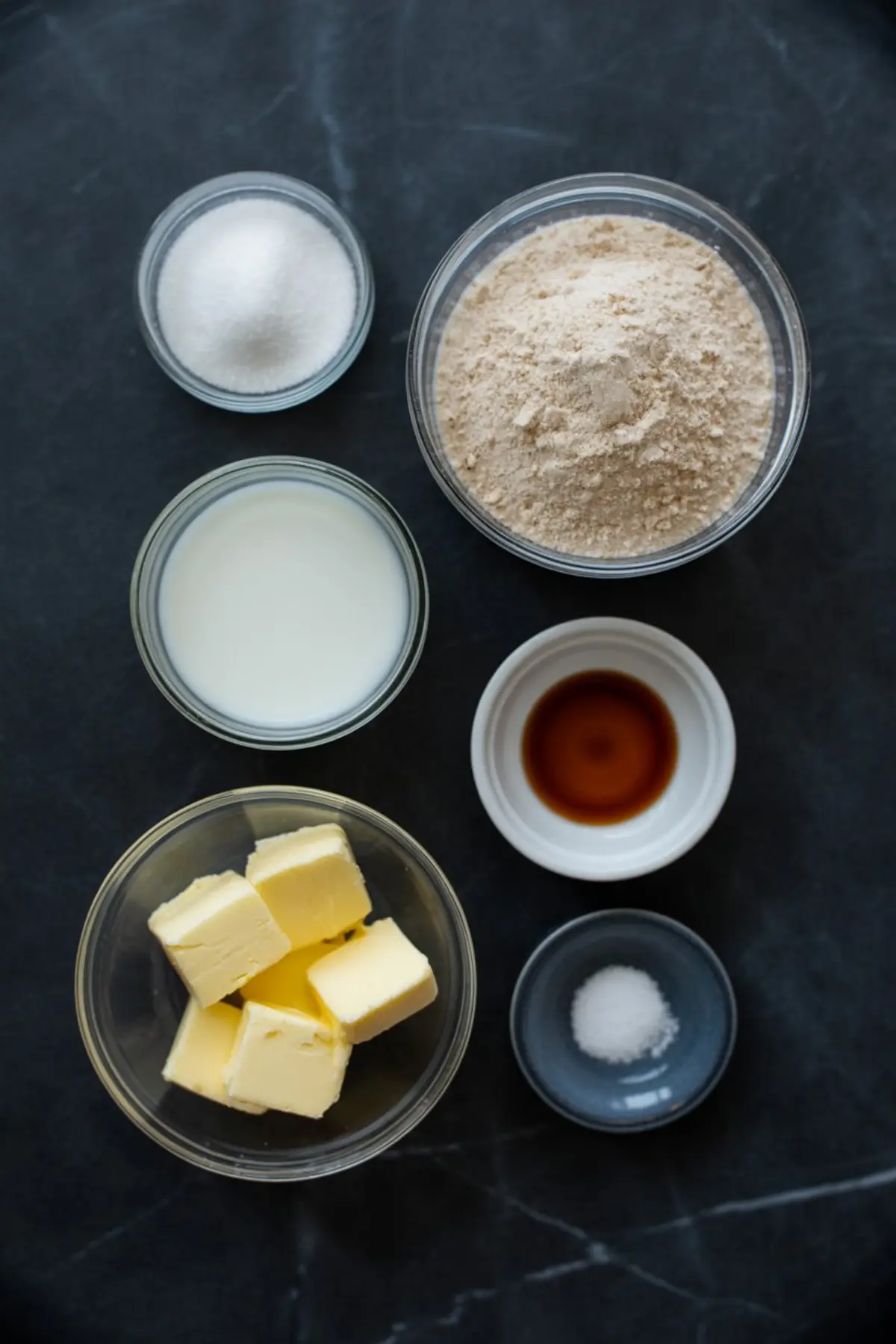 Flat lay of ermine frosting ingredients in glass and ceramic bowls, including flour, sugar, butter, milk, vanilla extract, and salt on a dark background.
