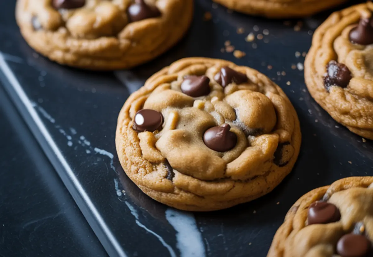 Close-up of soft-baked gingerbread chocolate chip cookies on a dark baking tray, featuring glossy chocolate chips and a chewy texture.
