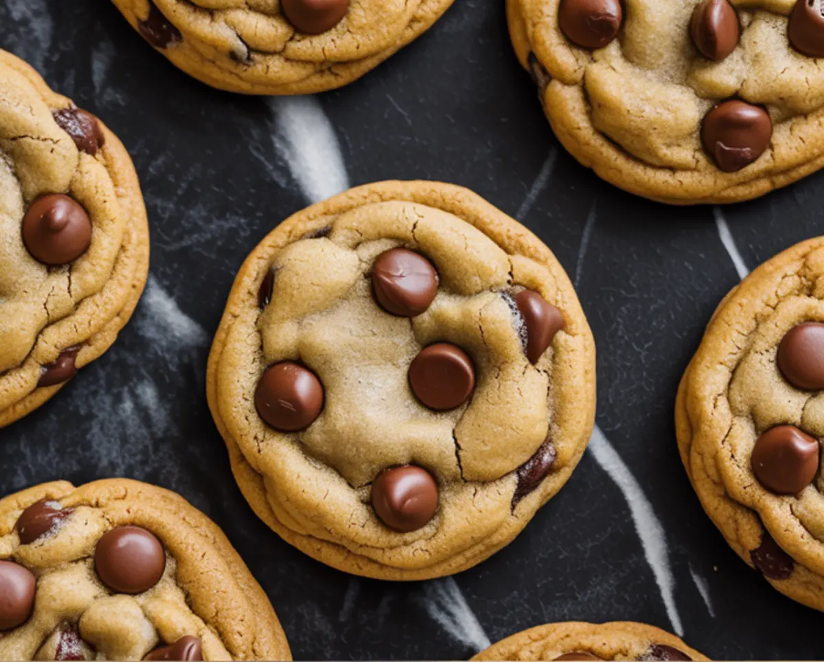 Close-up of freshly baked gingerbread chocolate chip cookies arranged on a dark marble surface, showcasing golden brown edges, cracked tops, and glossy melted chocolate chips.