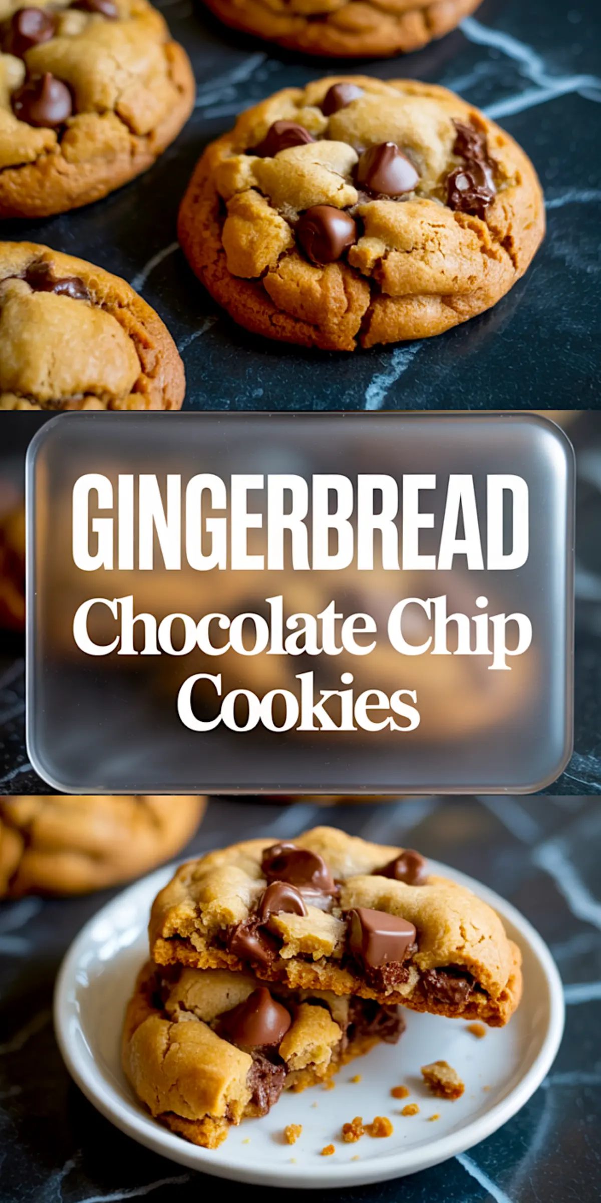 Top half: Close-up of golden brown gingerbread chocolate chip cookies with visible melted chips.
Bottom half: Split cookie on a white plate showing a melted chocolate interior with text overlay, emphasizing gooey texture.