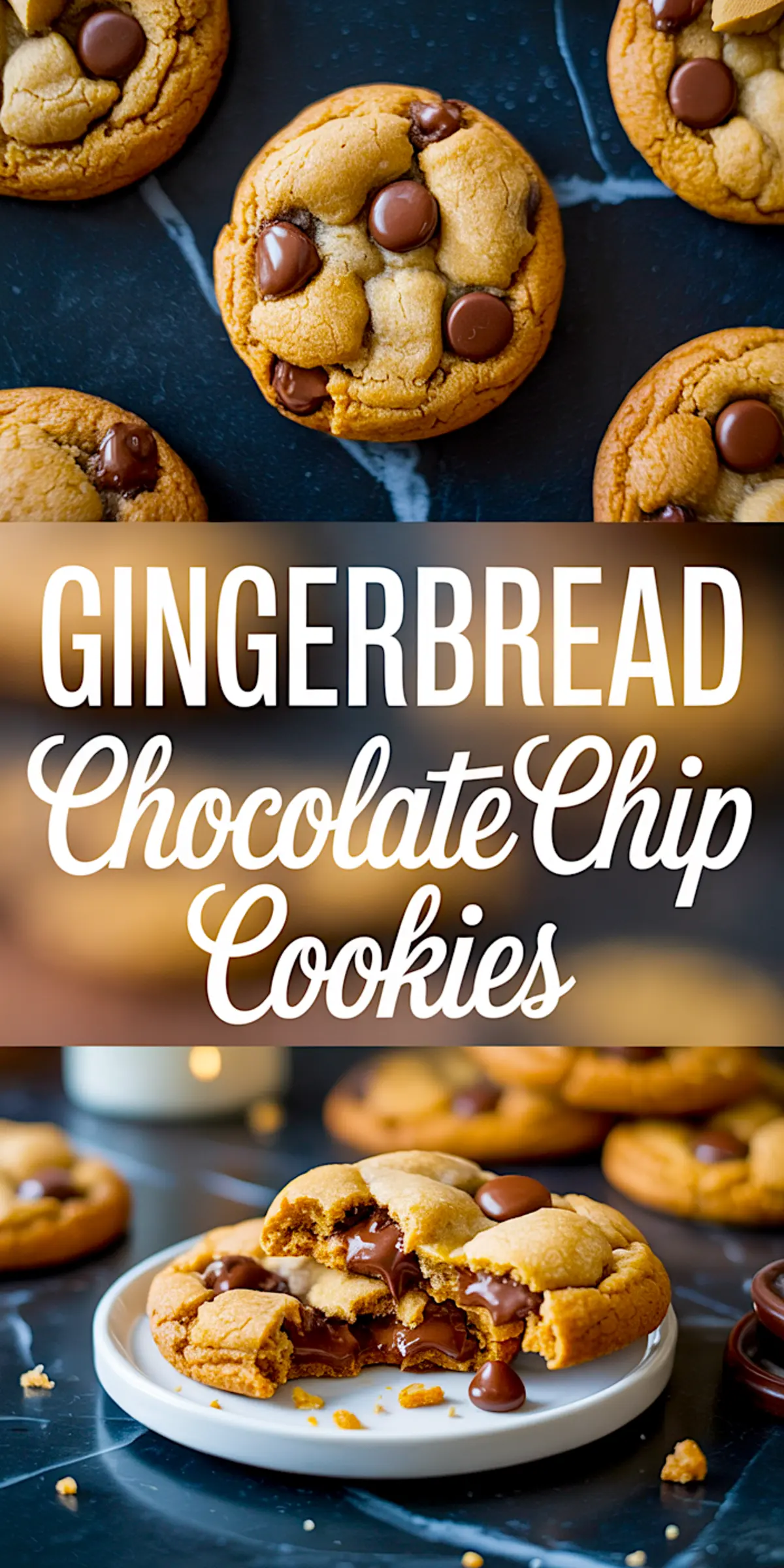 Top half: Overhead view of gingerbread chocolate chip cookies with a cracked, chewy appearance and glossy chips.
Bottom half: Broken cookie on a white plate showing melted chocolate filling with overlay text, highlighting softness and richness.
