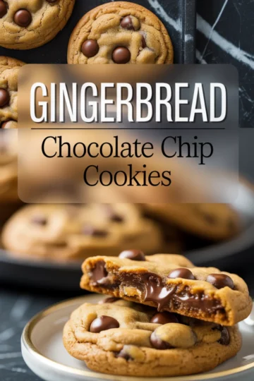 Freshly baked gingerbread chocolate chip cookies on a plate, with one broken open revealing a gooey chocolate center and a label overlay.