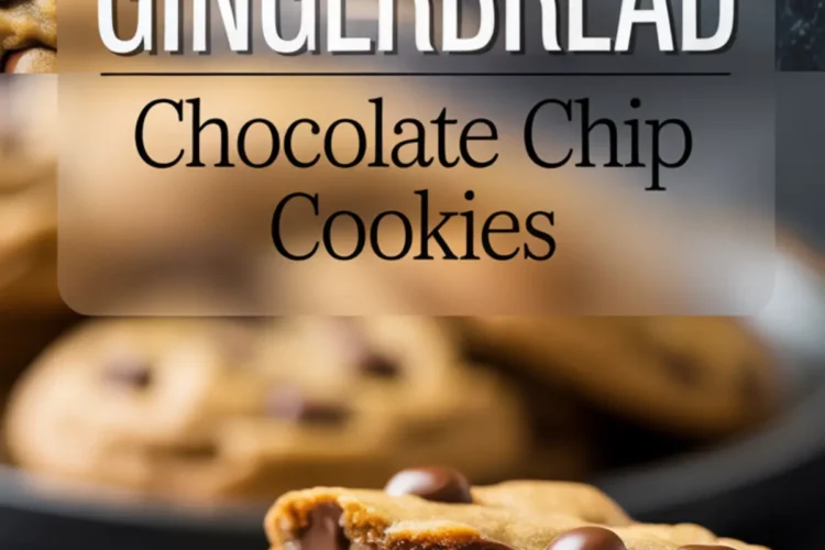 Freshly baked gingerbread chocolate chip cookies on a plate, with one broken open revealing a gooey chocolate center and a label overlay.