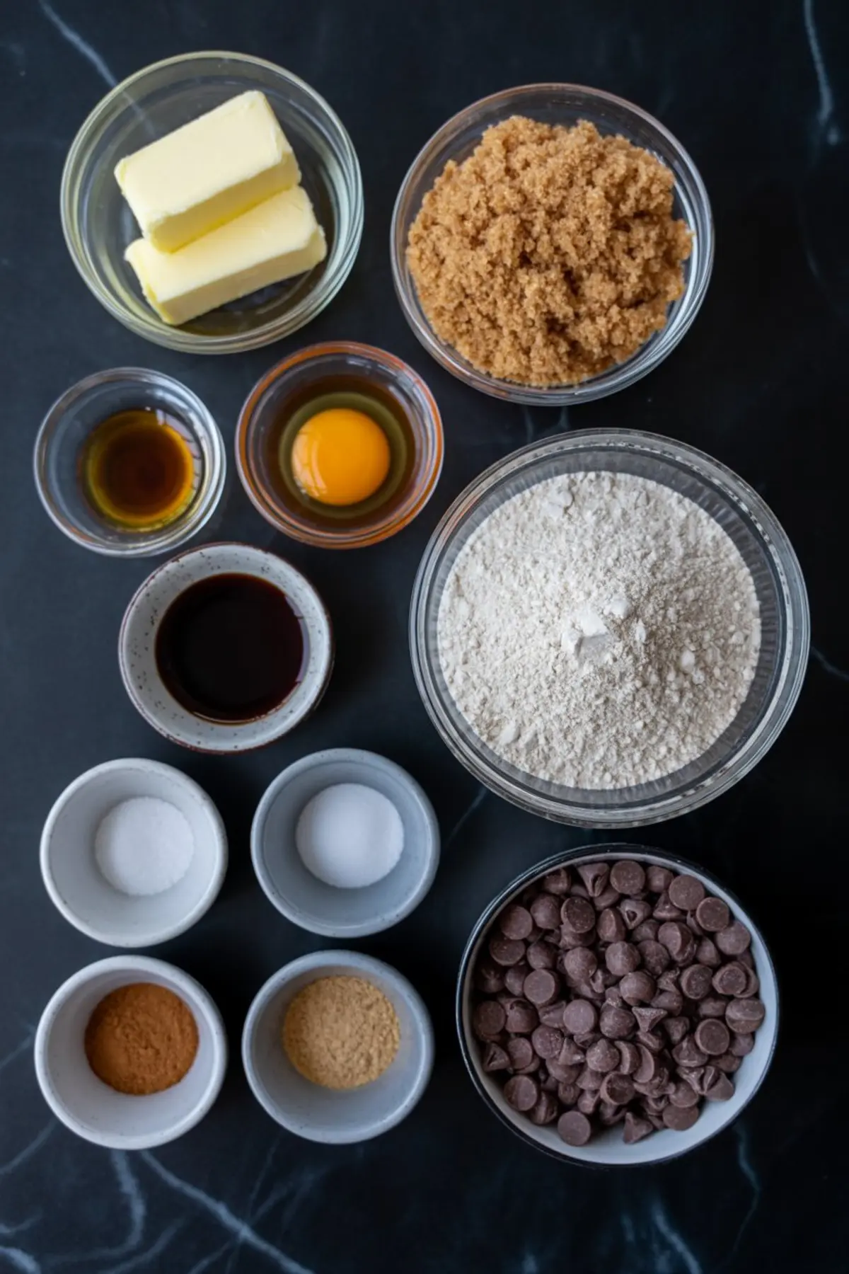 Flat lay of gingerbread chocolate chip cookie ingredients in small bowls, including flour, brown sugar, butter, chocolate chips, egg, vanilla extract, and spices on a dark surface.
