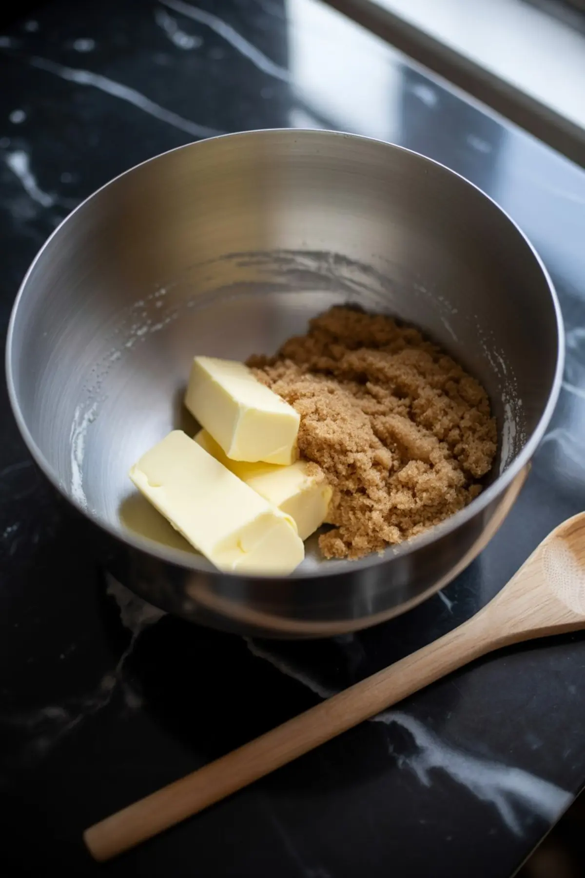 Stainless steel mixing bowl with sticks of butter and packed brown sugar on a black marble surface, ready for creaming in cookie dough preparation.
