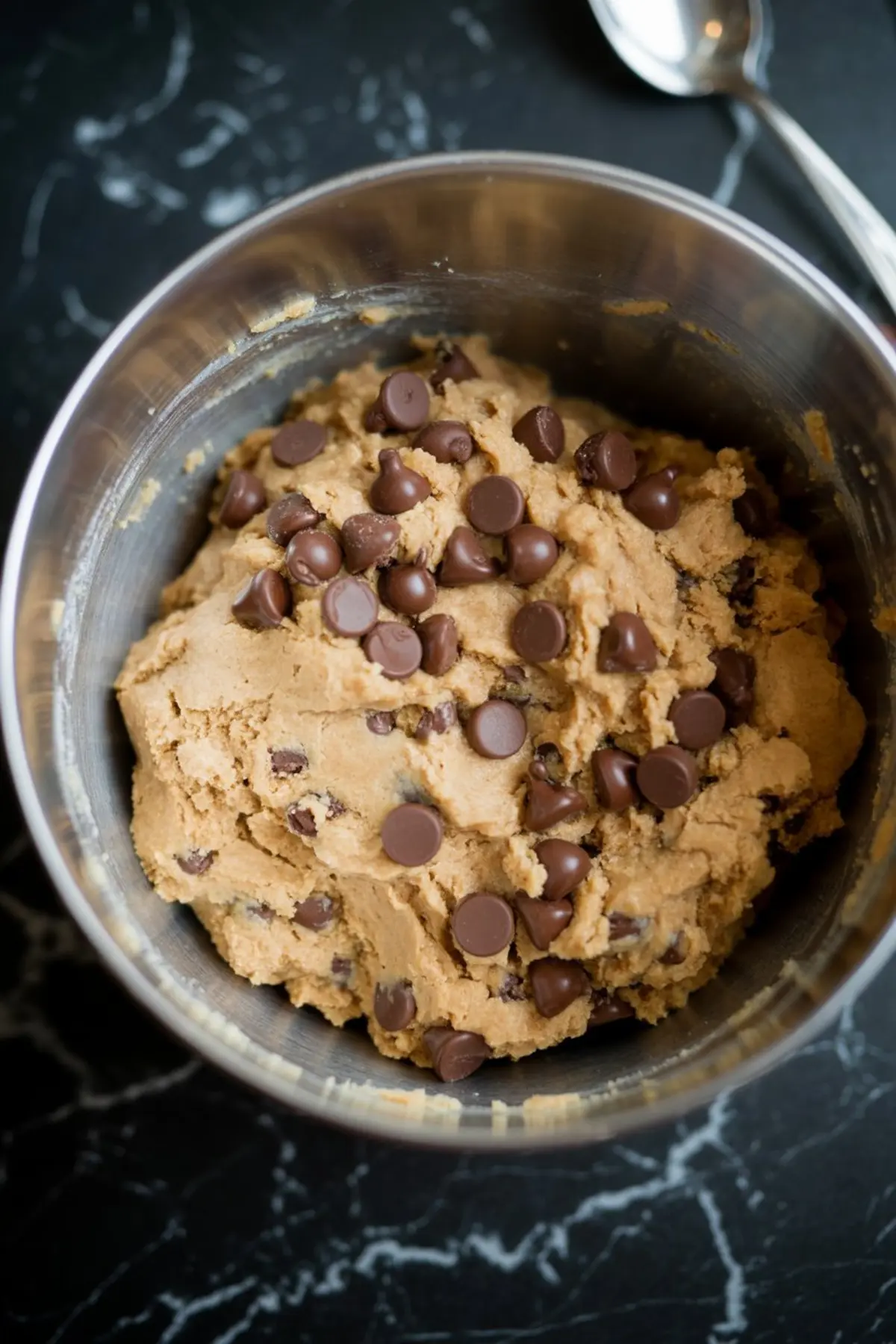 Thick gingerbread cookie dough filled with chocolate chips in a metal bowl, highlighting the rich and chunky texture.
