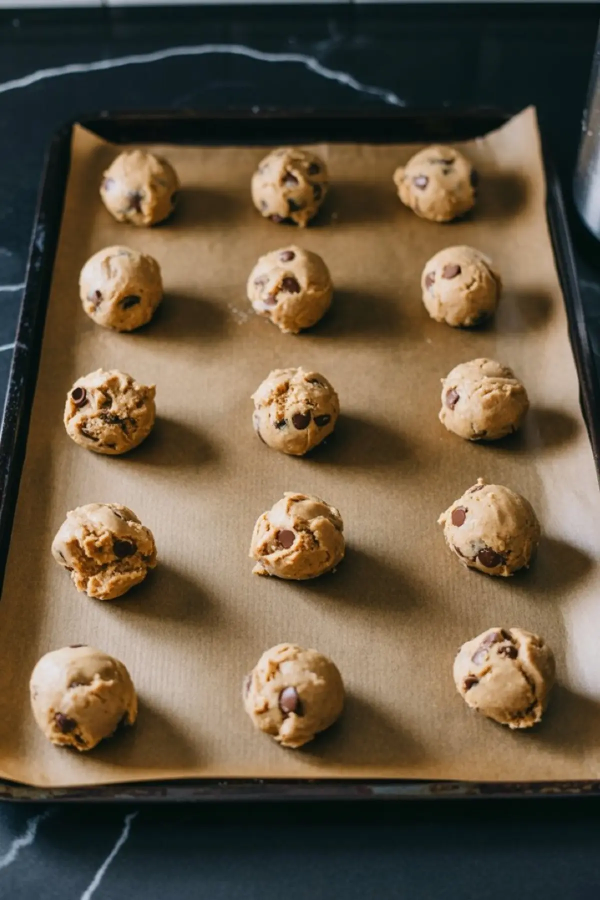 Scooped gingerbread chocolate chip cookie dough balls evenly spaced on a parchment-lined baking sheet before baking.

