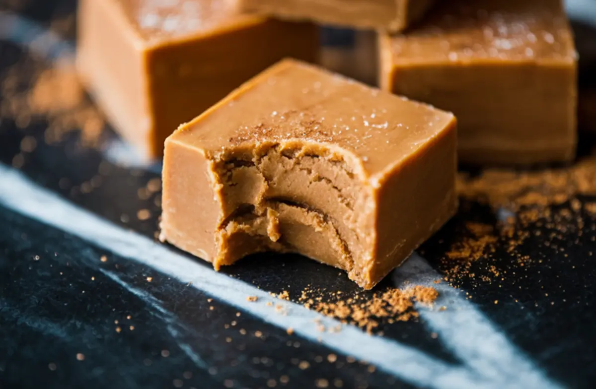 Macro shot of a bitten gingerbread fudge piece showing dense, soft texture with visible bite marks, surrounded by scattered cinnamon.