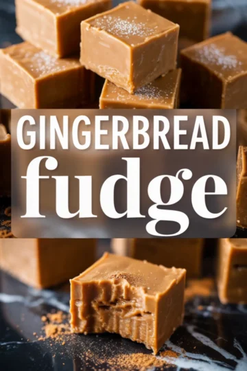 Two-part collage showing stacks of gingerbread fudge with a glossy finish and a text overlay reading “Gingerbread Fudge” in bold white font, paired with a close-up of a bitten fudge square revealing its creamy texture.