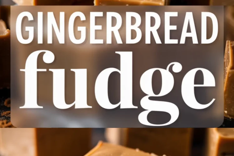 Two-part collage showing stacks of gingerbread fudge with a glossy finish and a text overlay reading “Gingerbread Fudge” in bold white font, paired with a close-up of a bitten fudge square revealing its creamy texture.
