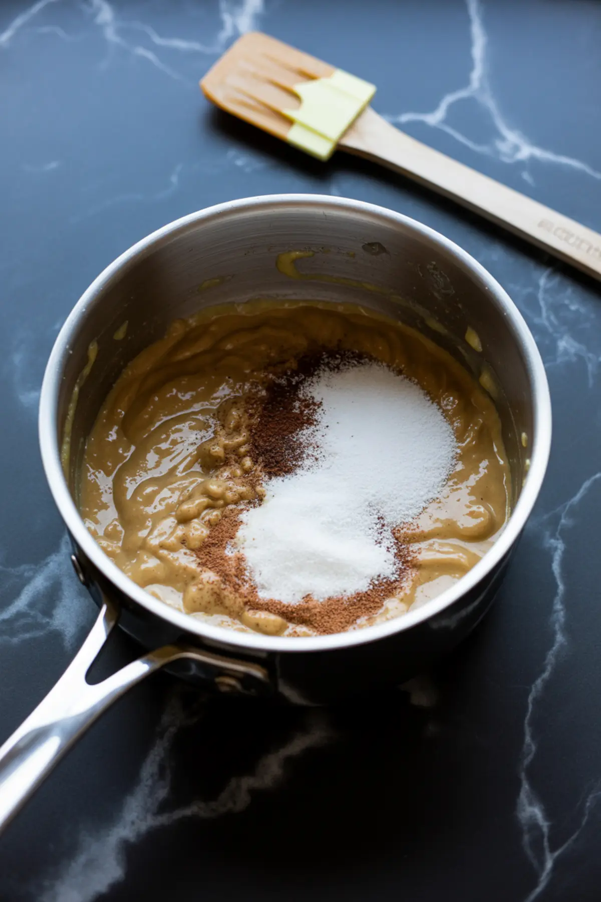 Creamy gingerbread fudge mixture in a stainless steel saucepan, topped with granulated sugar, cinnamon, and nutmeg, on a dark marble countertop.