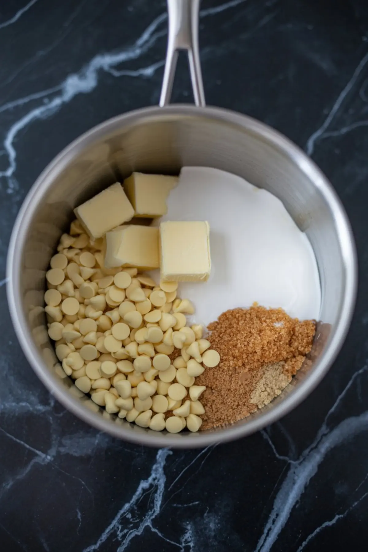 Unmelted ingredients for gingerbread fudge in a saucepan, including white chocolate chips, cubed butter, granulated sugar, brown sugar, and ground spices.
