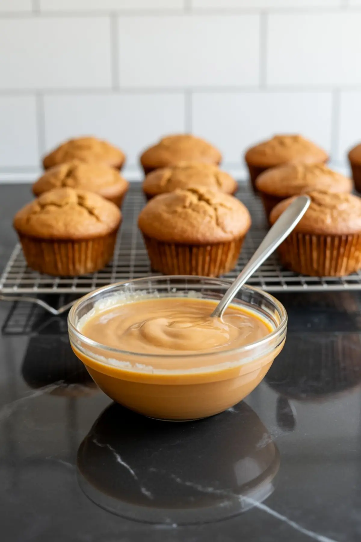 Golden brown muffins cool on a wire rack with a bowl of creamy maple glaze in the foreground, set on a black marble countertop.

